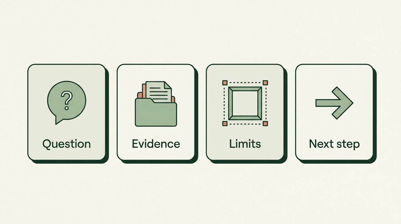 A content brief combines the reader question, approved evidence, limitations and a useful next step.