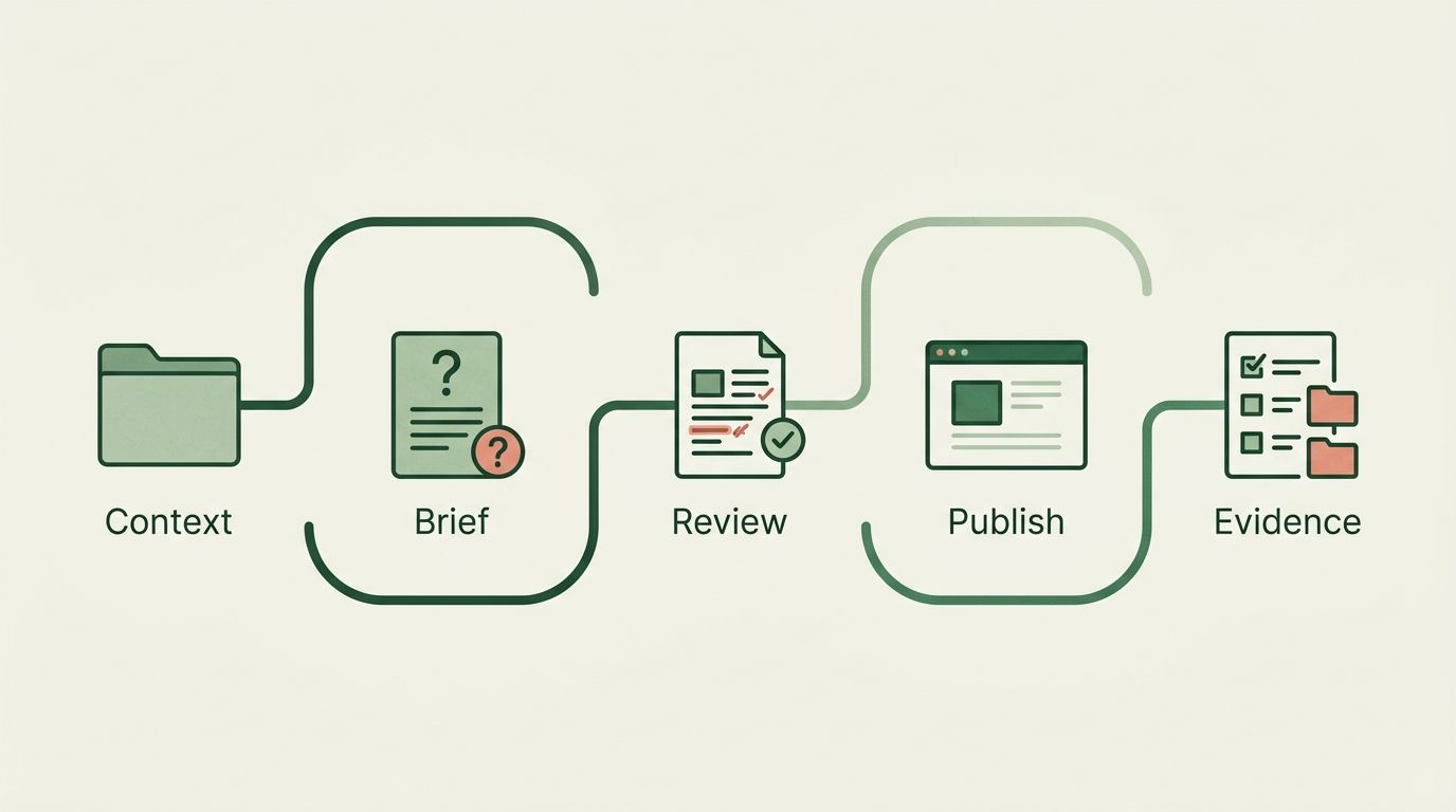 A client content plan connects context to a brief, reviewed article, publishing destination and evidence.