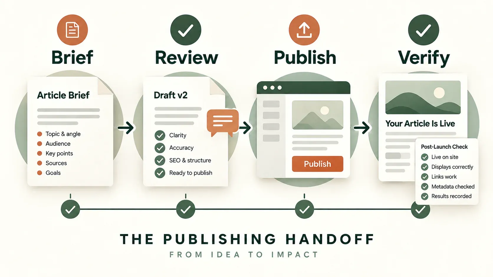 A content brief passes review, CMS publication and checks of the live article and its metadata.