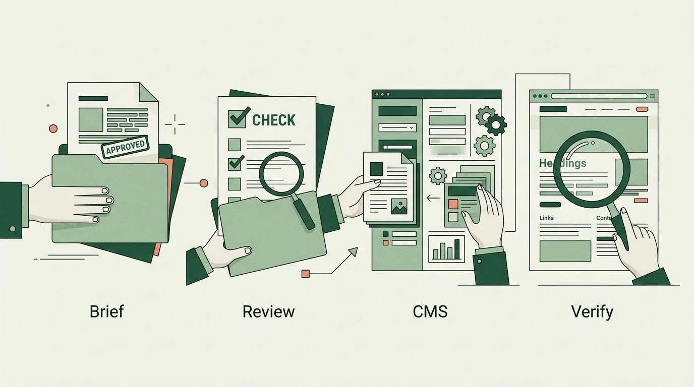 An approved brief moves through editorial review, CMS delivery and live-page checks.