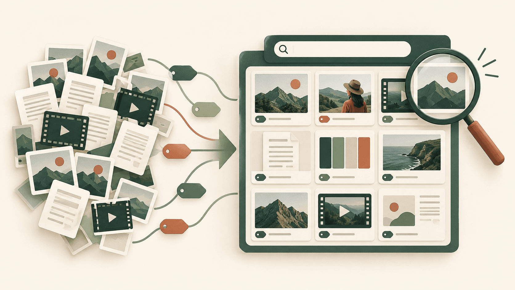 Scattered photos, videos and documents organized into a tagged, searchable digital asset library.