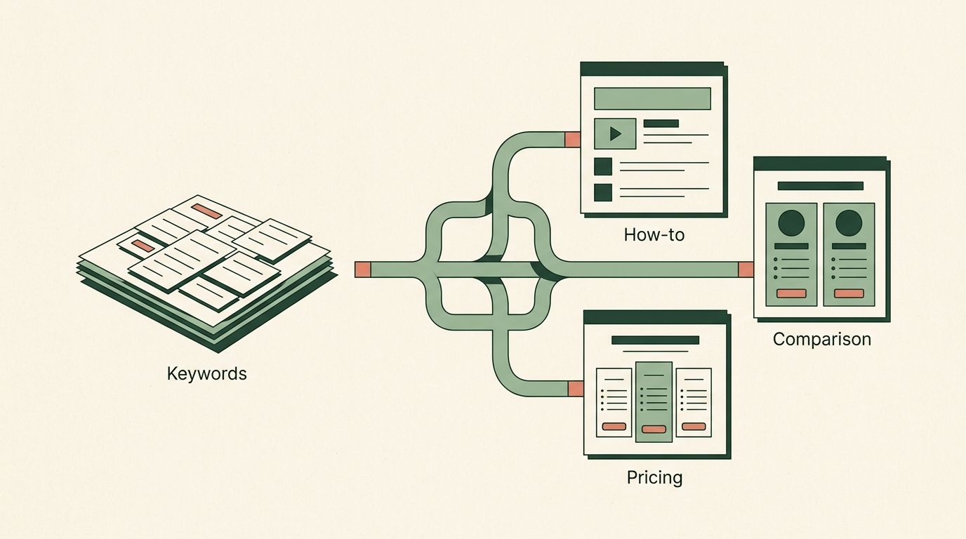 A flat keyword list becomes a set of distinct pages connected around a shared topic.