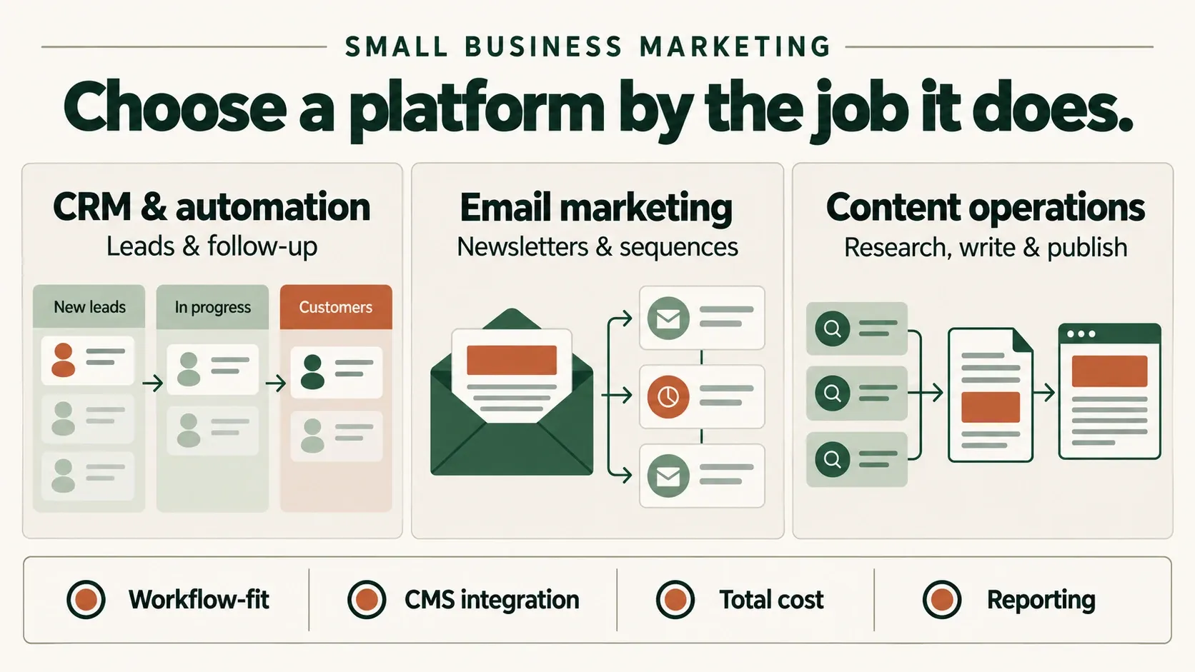 Comparison of CRM and automation, email marketing, and content operations, with checks for workflow fit, CMS integration, cost and reporting.