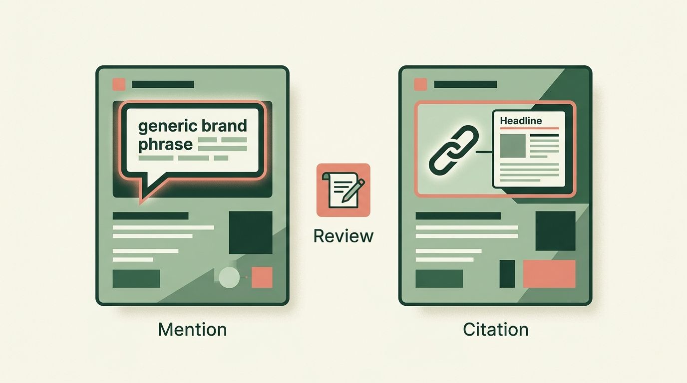 Two answer cards distinguish a brand mention from a link citing a source page.