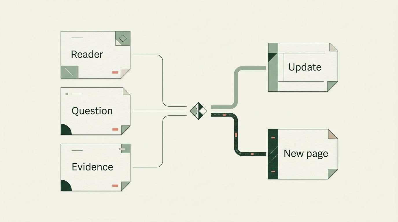 A planning decision compares the reader, question and evidence before choosing an existing or new page.