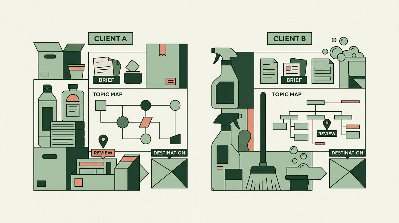 Separate client workspaces retain their own brief, reviewer and publishing destination.
